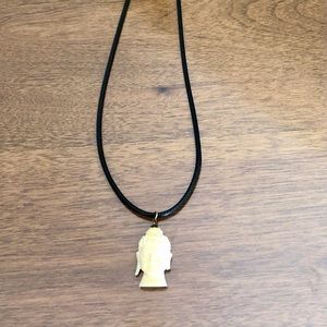 Vintage Boho Ivory Buddha Carved Charm Black Leather Corded Necklace,adjustable!